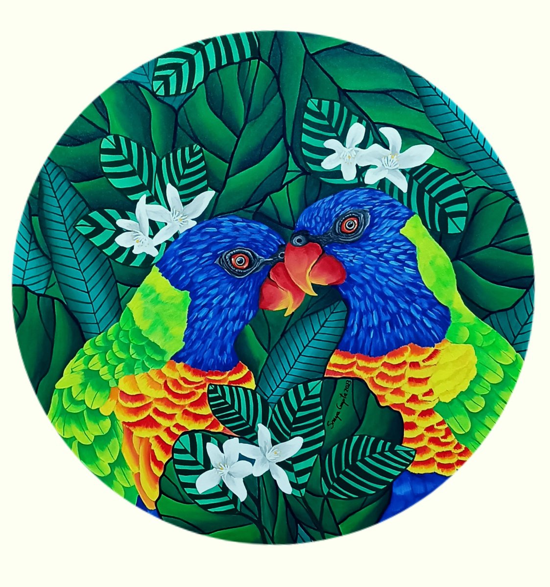 Photorealistic Animal Acrylic Painting By Sreya Gupta, 28 X 28", Lorikeet Love, Original Artwork