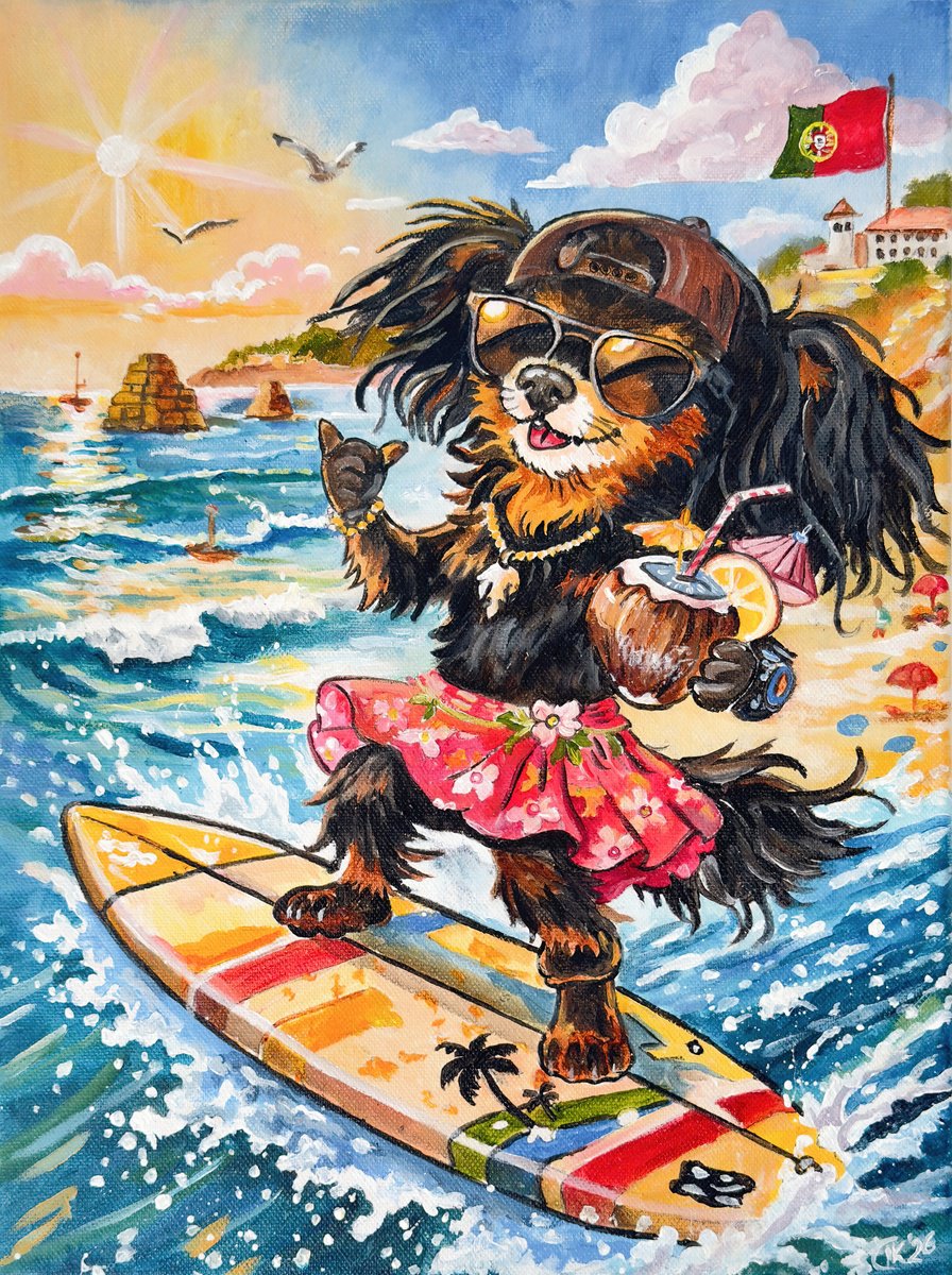 Cartoon Acrylic Painting , Bon From Lisbon: Surf Mood By Irina Kurganskaya, 12 X 16, Artwork For Sale On Artfinder