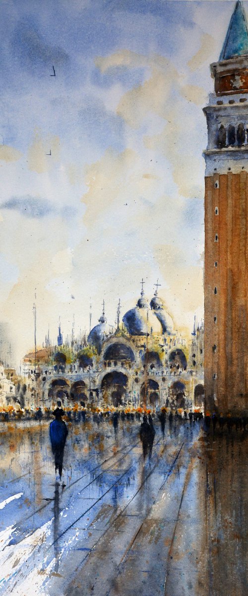 In shadow of San Marco tower Venice Italy 23x54cm 2020 by Nenad Kojić watercolorist