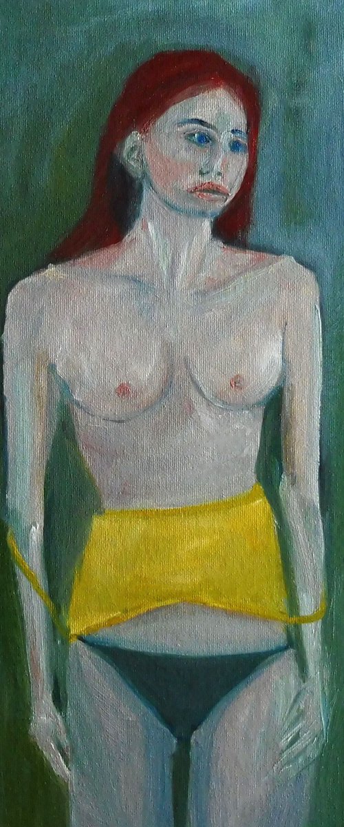 FEMALE NUDE REDHEAD, YELLOW SLIP. by Tim Taylor