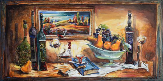 Wine Bottles, Pears, and Grape in Vase.