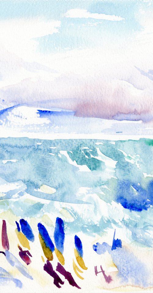 Seascape with umbrellas. Mediterranean Series #6 by Daria Galinski