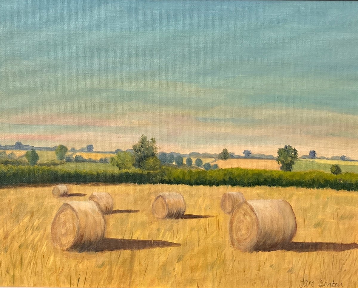 Impressionistic Landscape Oil Painting By Jane Denton, 15 X 13, Straw Bales In September, Original Artwork