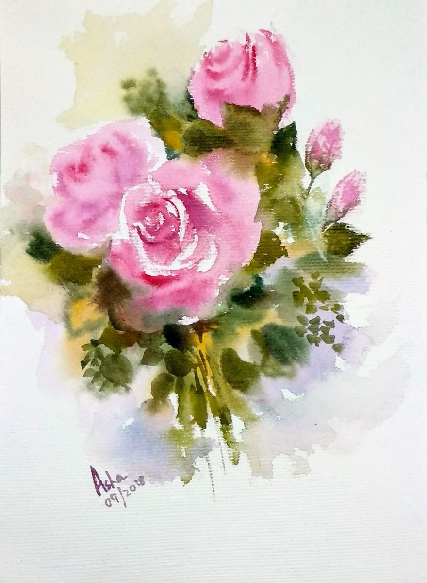 Pink Roses Watercolor Floral - 10.25x 14  Baby Pink flowers by Asha Shenoy