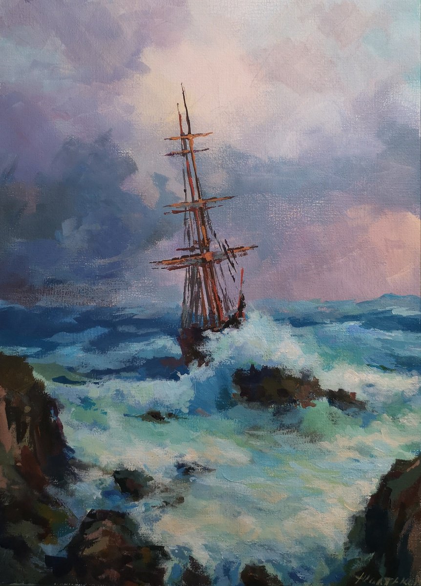 Impressionistic Landscape Acrylic Painting By Alexander Koltakov, 9 X 13, Power Of The Ocean, Original Artwork