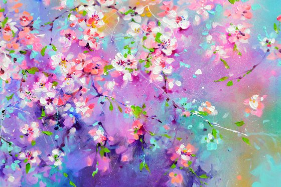 I've Dreamed 55 - Sakura Colorful Blossom - 150x60 cm, Palette Knife Modern Ready to Hang Floral Painting - Flowers Field Acrylics Painting