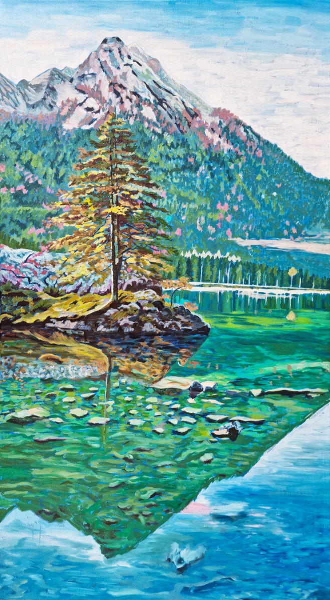 Impressionistic Landscape Oil Painting By Zulfiya Mukhamadeyeva, 20 X 35", Mountain Lake, Original Artwork