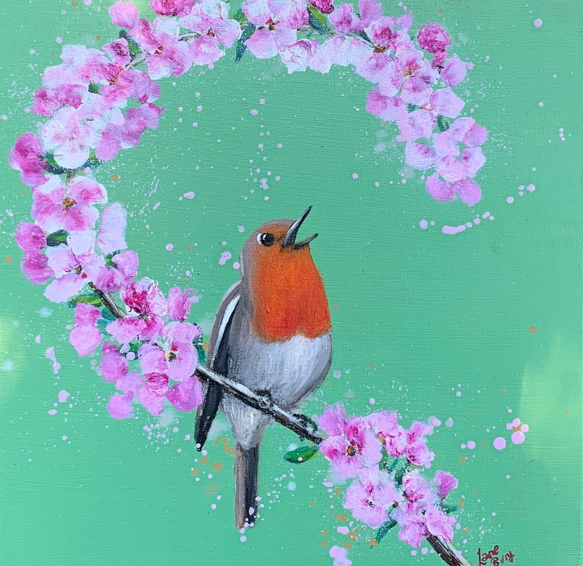 Impressionistic Animal Oil Painting By Laure Bury, 12 X 12", Robin On Cherry Blossom, Original Artwork