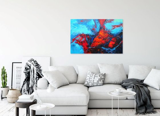 Large Abstract Turquoise Red Landscape Painting. Modern Textured Art. Blue Abstract. 61x91cm.