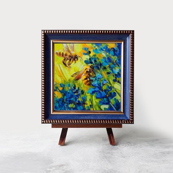 Bee oil painting original art blue flower, Bee wall art picture frame