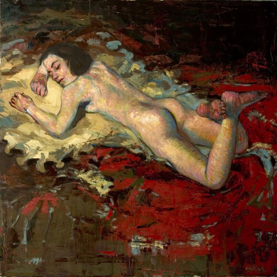 modern impressionist nude of a sleepy woman