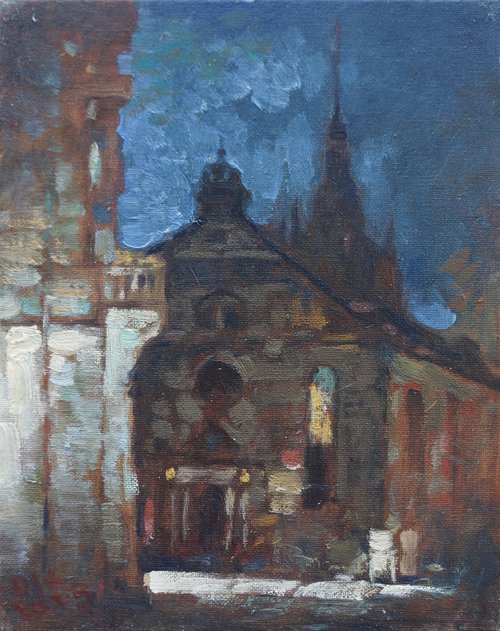 Original Oil Painting Wall Art Signed unframed Hand Made Jixiang Dong Canvas 25cm × 20cm Cityscape Night in Tubingen Germany Small Impressionism Impasto by Jixiang Dong