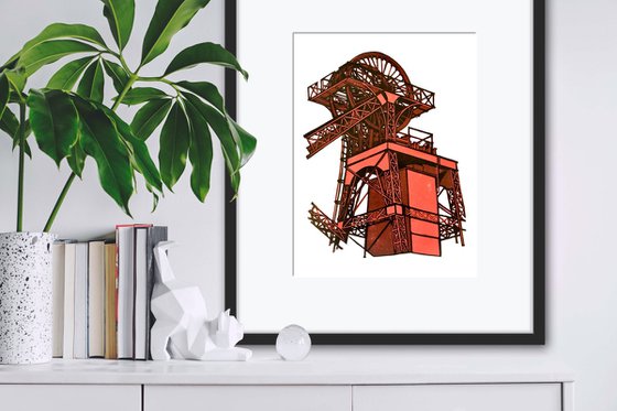 Lewis Merthyr Winding Gear portrait linocut