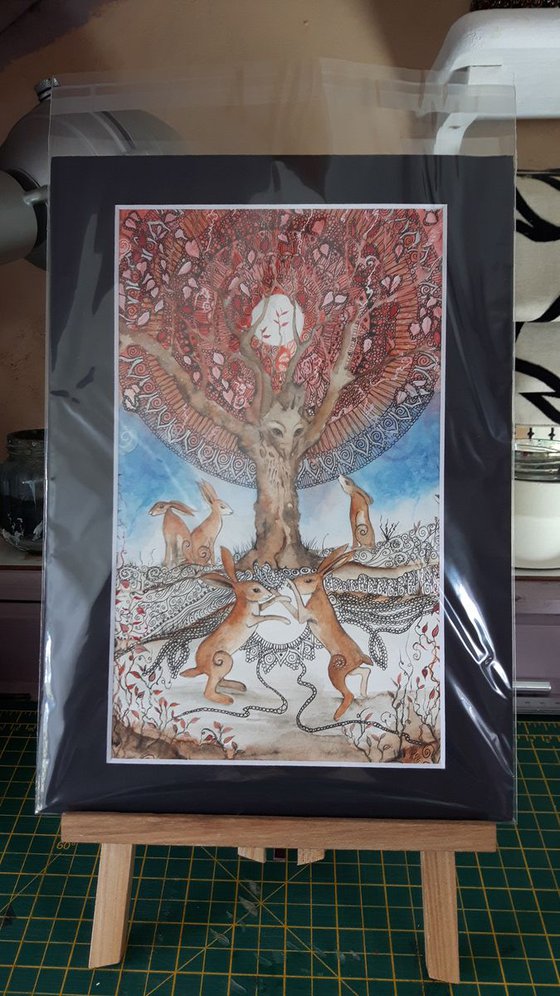 Hares and Mandala Tree, Original Watercolour Painting