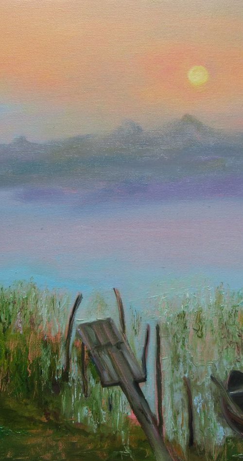 Sunset at the River - Original Oil Painting Impressionism Gift Idea of Countryside Twilight Wooden Boat Stillness Peace by Katia Ricci