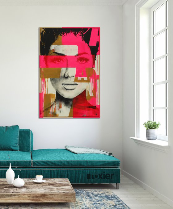 Red Eyes - Unique Portrait Painting - Popart style - Incl custom frame - Ronald Hunter