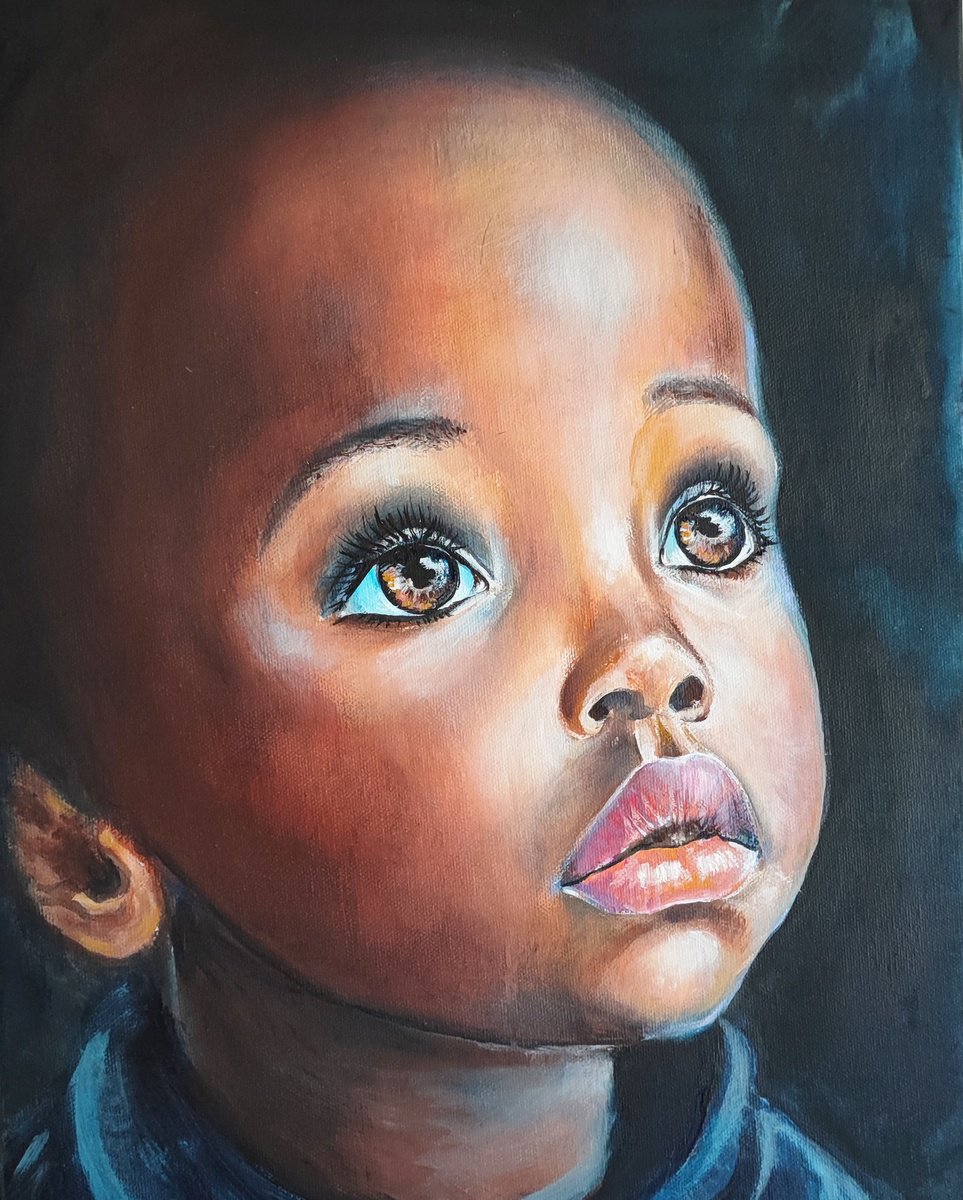 Photorealistic Portrait Acrylic Painting By Tatajana Obuhova, 14 X 18", African American Boy, Original Artwork