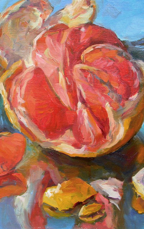 Grapefruit 3 (from the series "Citrus fruits on a blue background") by Liudmyla Chemodanova
