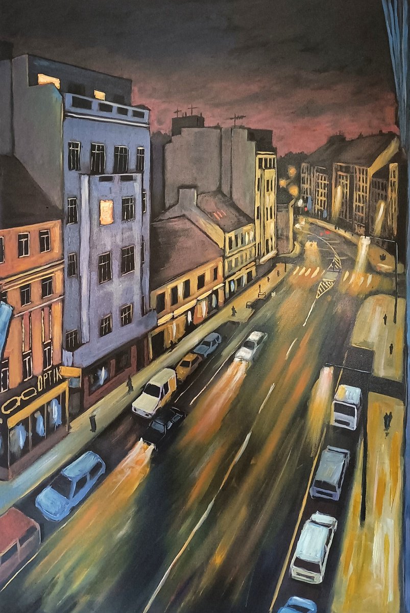 Cityscapes Acrylic Painting By Tiziano Marasco, 31 X 43", View From My Window - Forgotten Prague Series, Original Artwork
