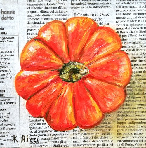 "Pumpkin on Newspaper" Original Oil on Canvas Board Painting 6 by 6 inches (15x15 cm) by Katia Ricci