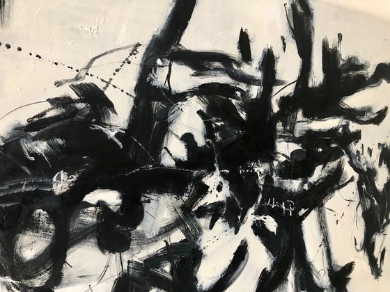 Woman flying with a black bird.Black and white abstract painting.