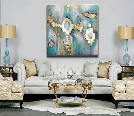 Enigma - Teal Gold White Creme Abstract Painting, Square Painting 36" Large Canvas, Gold Leaf, Minimalist Painting, Living Room Painting