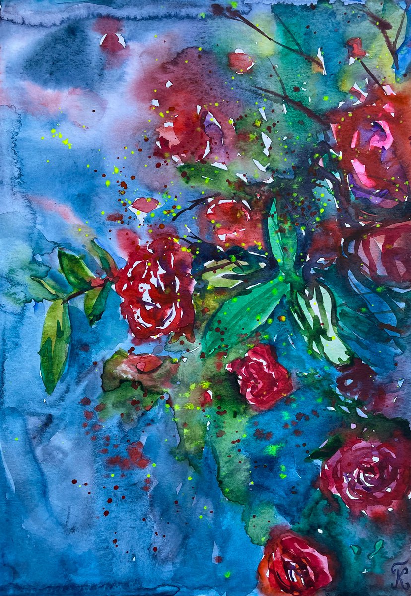 Abstract Flower Watercolor Painting, Roses Original Artwork, Red Floral Wall Art by Kate Grishakova