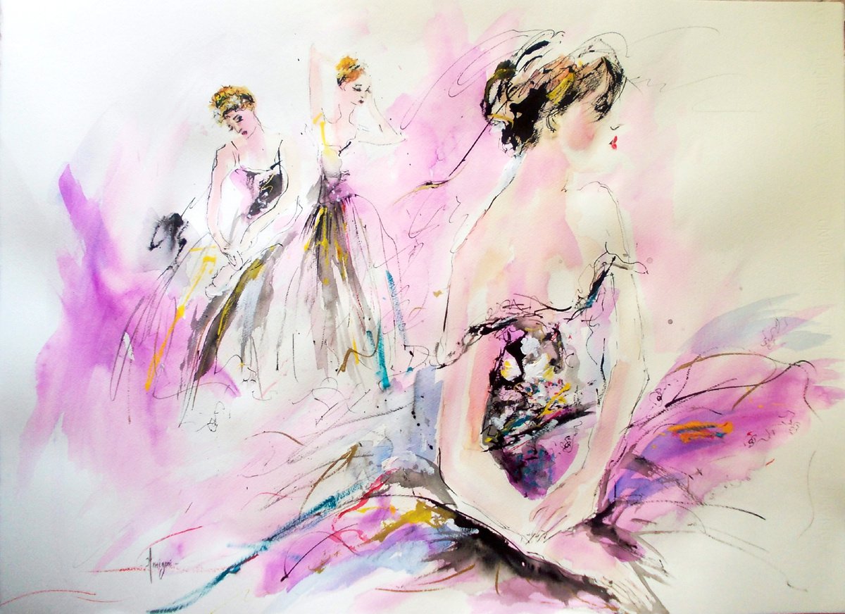 Behind the curtains II-Ballerina Watercolor on Paper by Antigoni Tziora