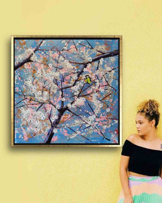 'SPRING BLOSSOMS WITH A BIRD' - Sakura Large Acrylics Painting on Canvas