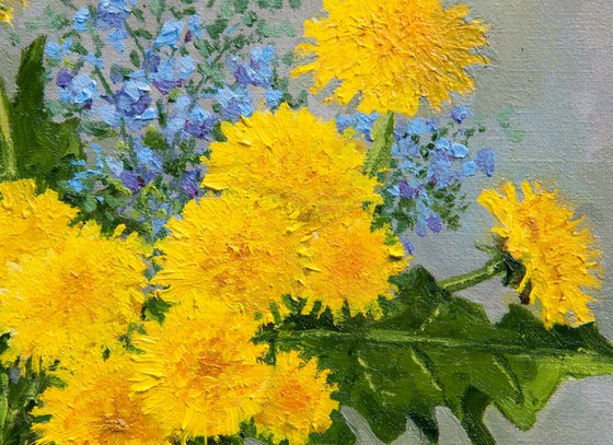 Yellow dandelions. Oil painting. Floral still life. Original Art. 12 x 14