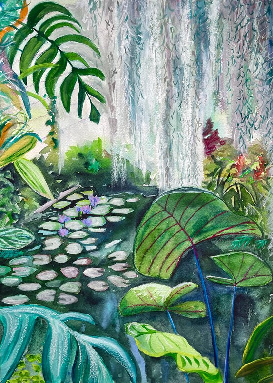 Botanical Original Watercolor Painting Garden Plants Mixed Media