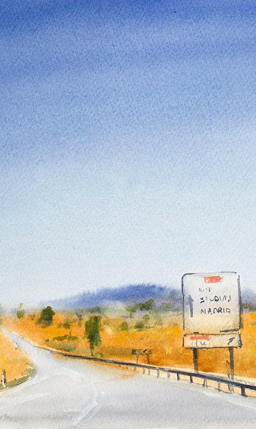 Long way home. Watercolor painting landscape sky impressionistic nature blue sky highway road Spain Travel trip yellow by Sasha Romm