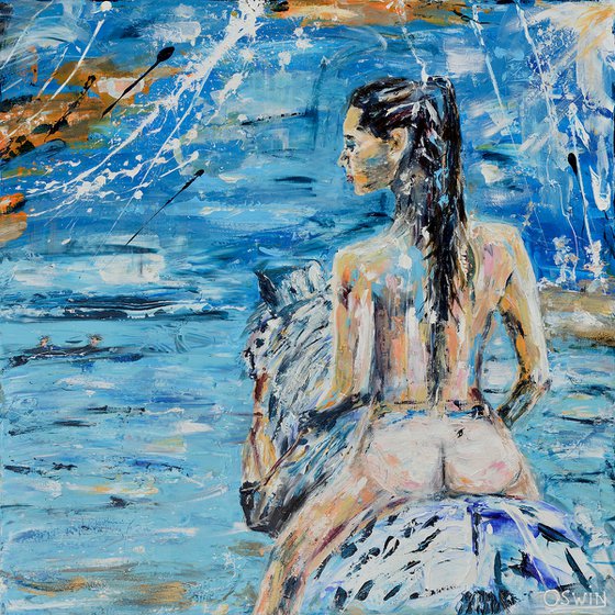 Nude, horse and seascape - TAKE ME TO THE SEA - by Oswin Gesselli - 100x100cm| 39.37x39.37" Contemporary art