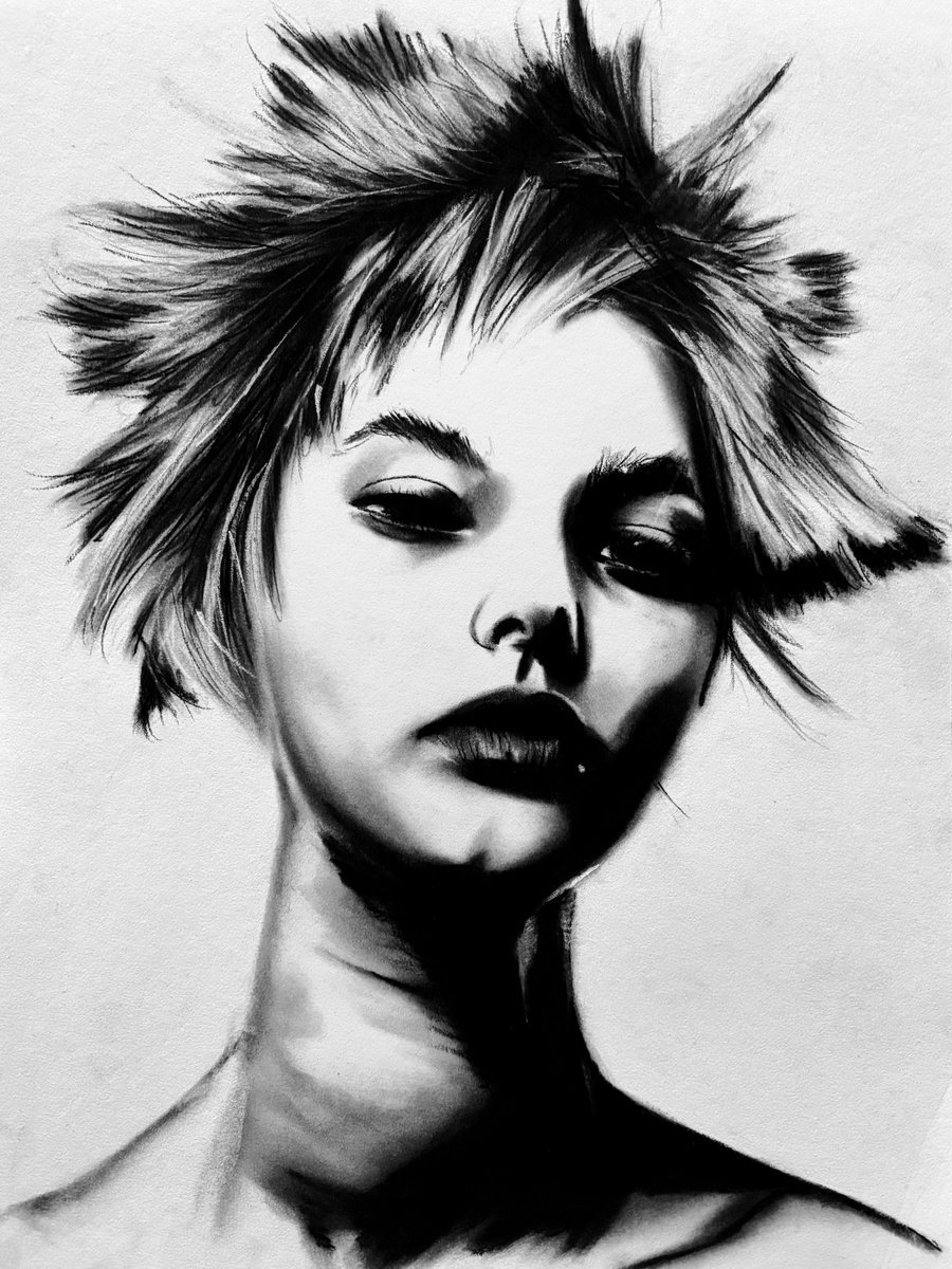 Photorealistic Portrait Charcoal Drawing By Denny Stoekenbroek, 12 X 17, Untamed Confidence, Original Artwork