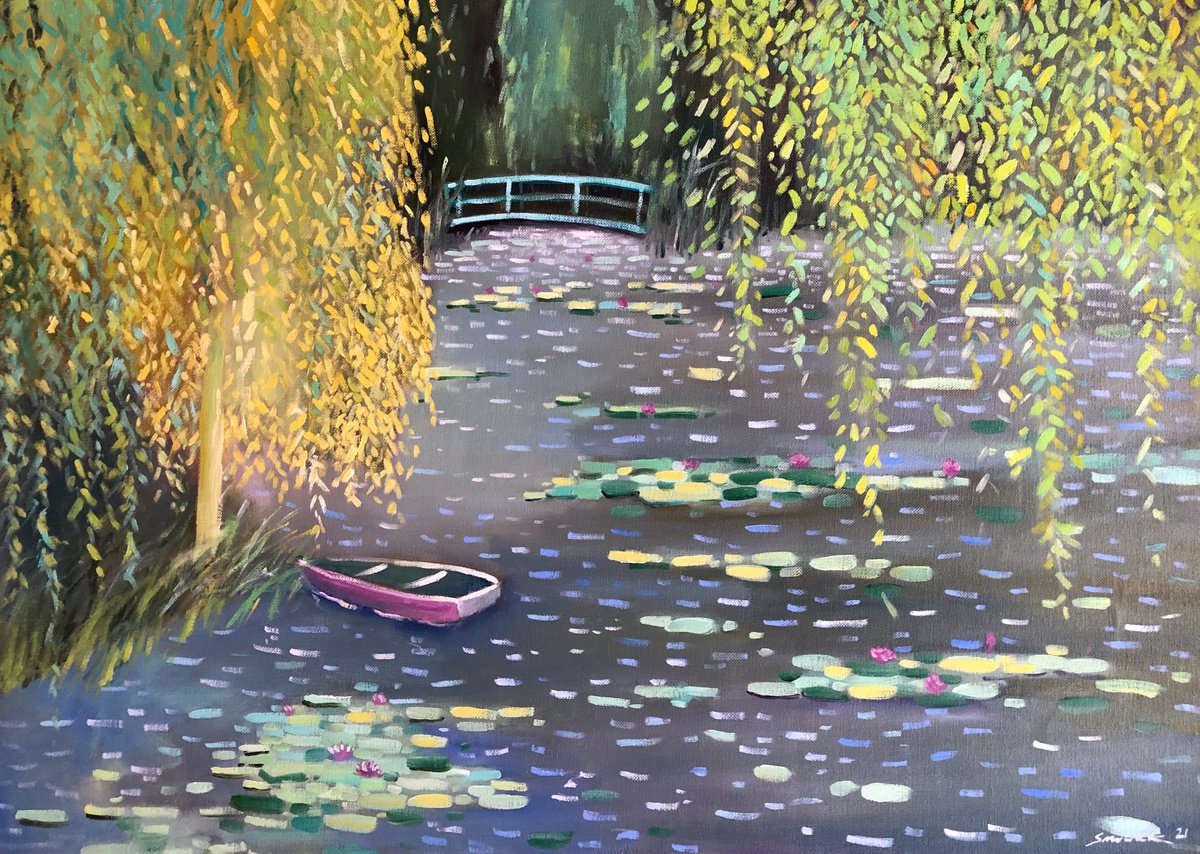 Impressionistic Landscape Oil Painting By Volodymyr Smoliak, 28 X 20", Willows And Waterlily, Original Artwork