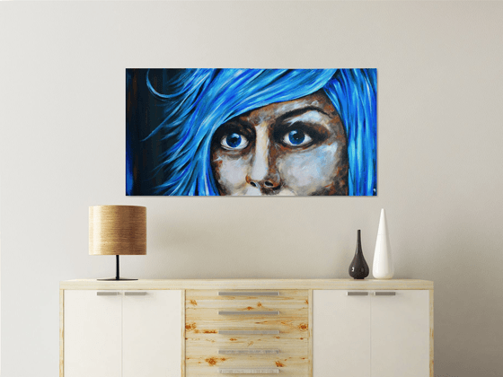 Blue Fear - XXL Original New Contemporary Art Painting Portrait on Large Canvas Ready to Hang