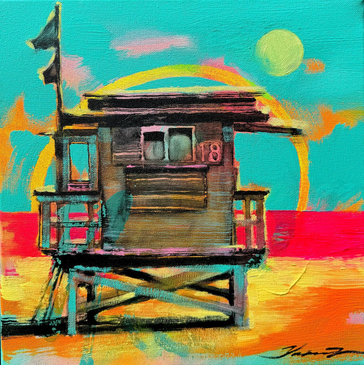 Expressive Landscape Acrylic Painting By Yaroslav Yasenev, 12 X 12", Turquoise Sky, Original Artwork