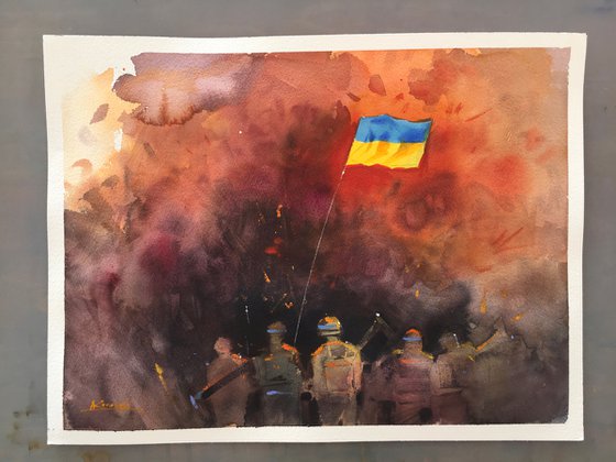 Together we will win in Ukraine! Original watercolor painting by Ukrainian artist