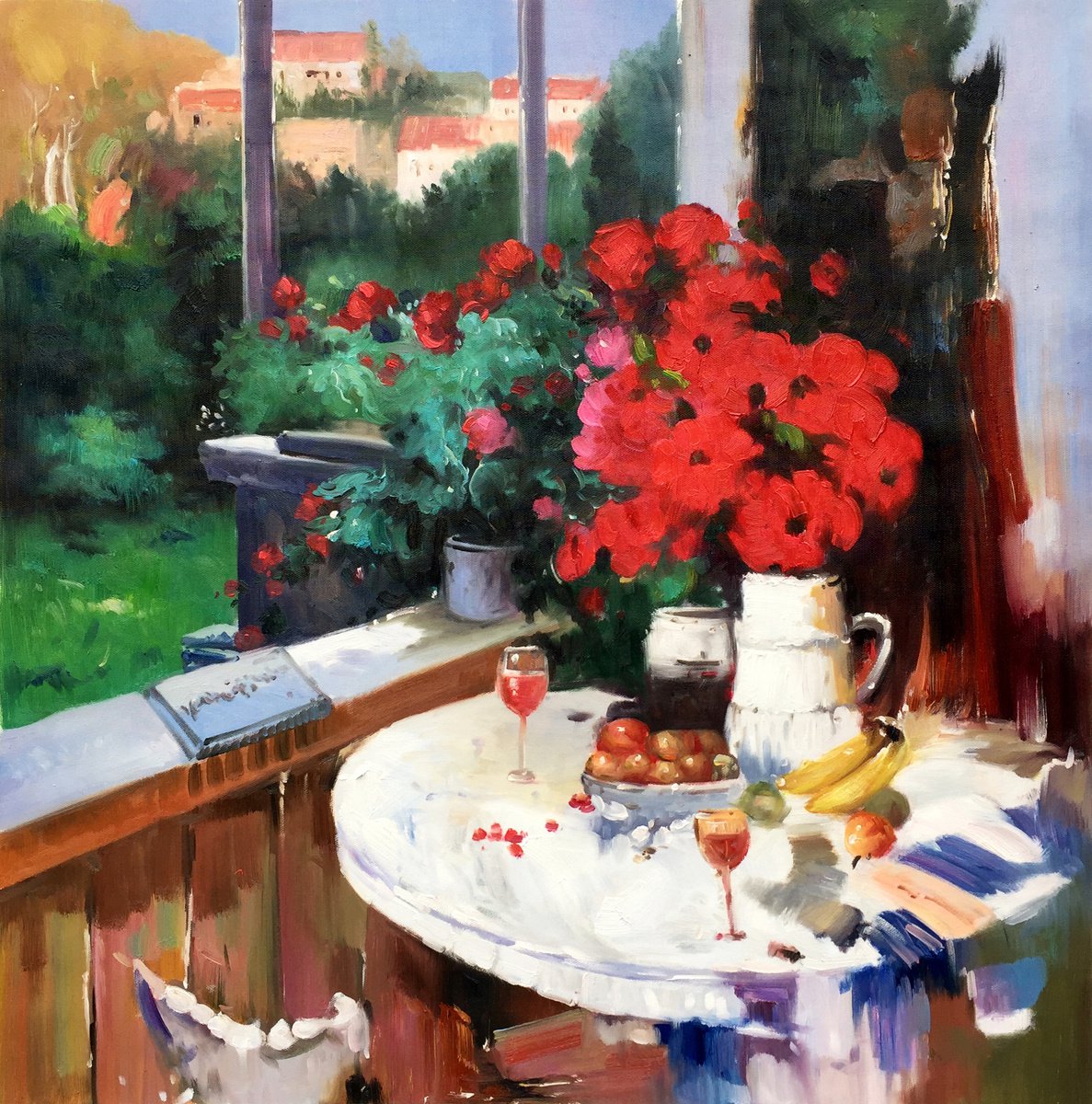 Impressionistic Botanical Oil Painting By Kunlong Wang, 31 X 31", Still Life Oil Painting:flowers In The Vase, Original Artwork