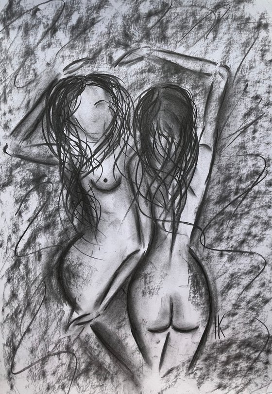 Lesbian Nude Charcoal Art