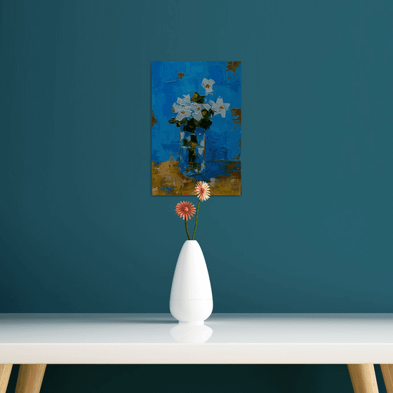 Still life  with flowers in vase. Small painting for gift