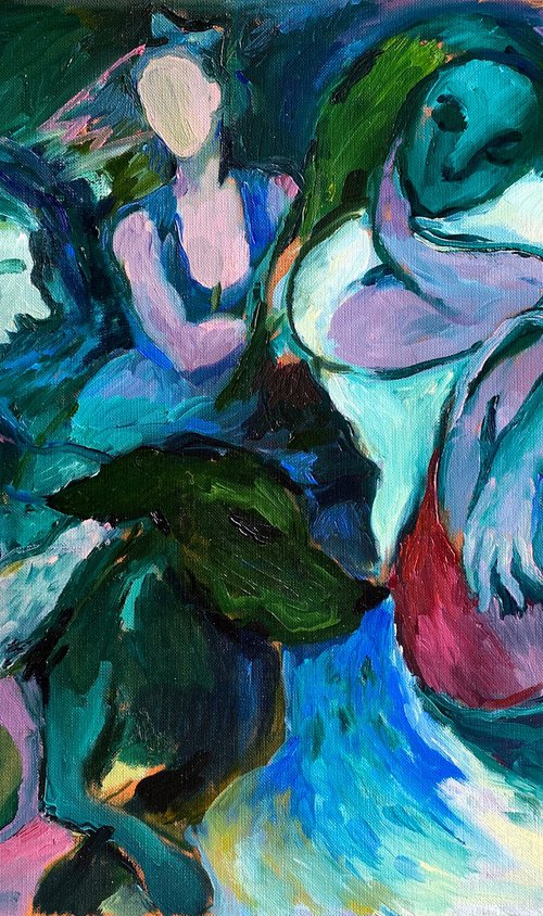 SUMMER - emerald & pink small oil painting with human figures by Irene Makarova