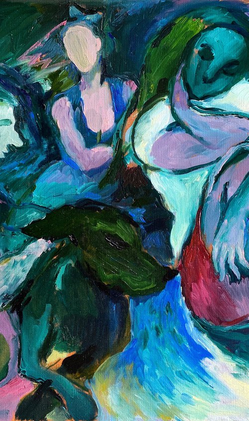 SUMMER - emerald & pink small oil painting with human figures by Irina Makarova