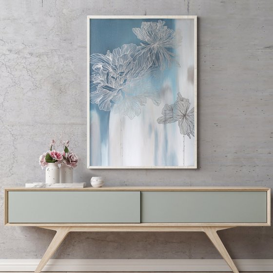 "Silver Thinness 2" Floral blue silver art