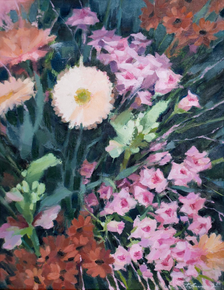 Impressionistic Botanical Oil Painting By Tatiana Alekseeva, 14 X 18", The Solitary Gerbera., Original Artwork