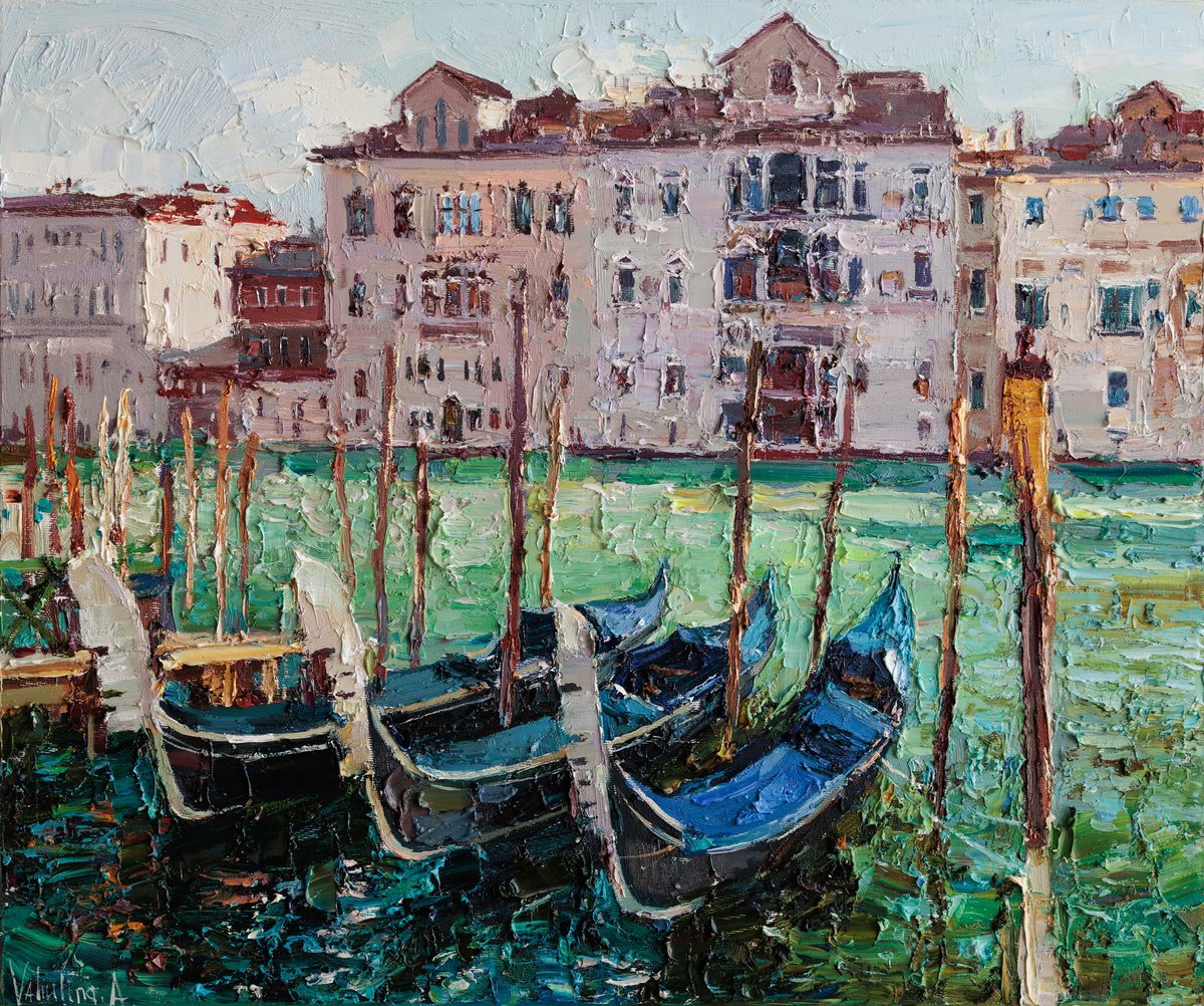 Impressionistic Landscape Oil Painting By Anastasiia Valiulina, 24 X 20, Gondolas In Venice, Original Artwork