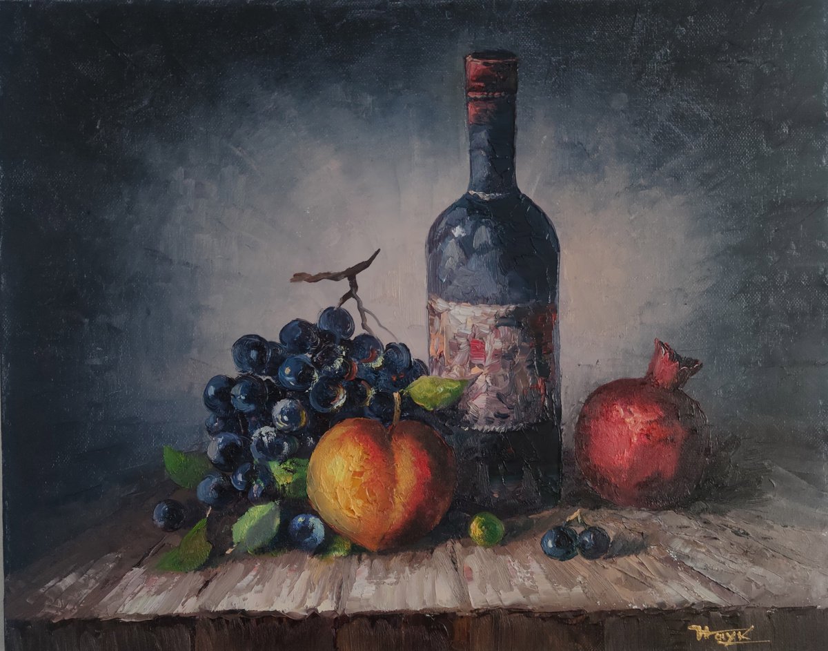 Impressionistic Still Life Oil Painting By Hayk Miqayelyan, 20 X 16, Still Life Fruits And Wine, Original Artwork
