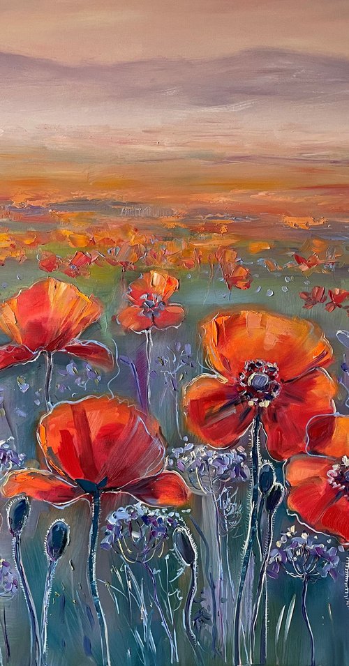 "Red poppies on the field". Oil painting. by Mary Voloshyna
