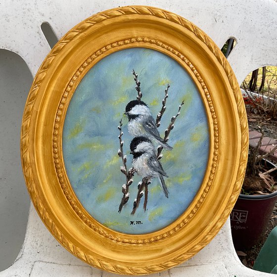 CHICKADEES # 84 - Oil 10X8 Oval Canvas