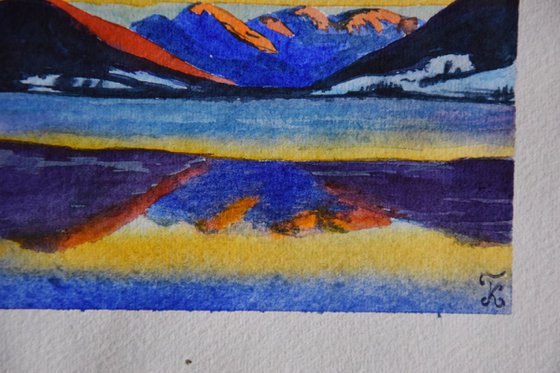 Norwegian watercolor painting on craft paper Sunset fjord, Mountains in Norway